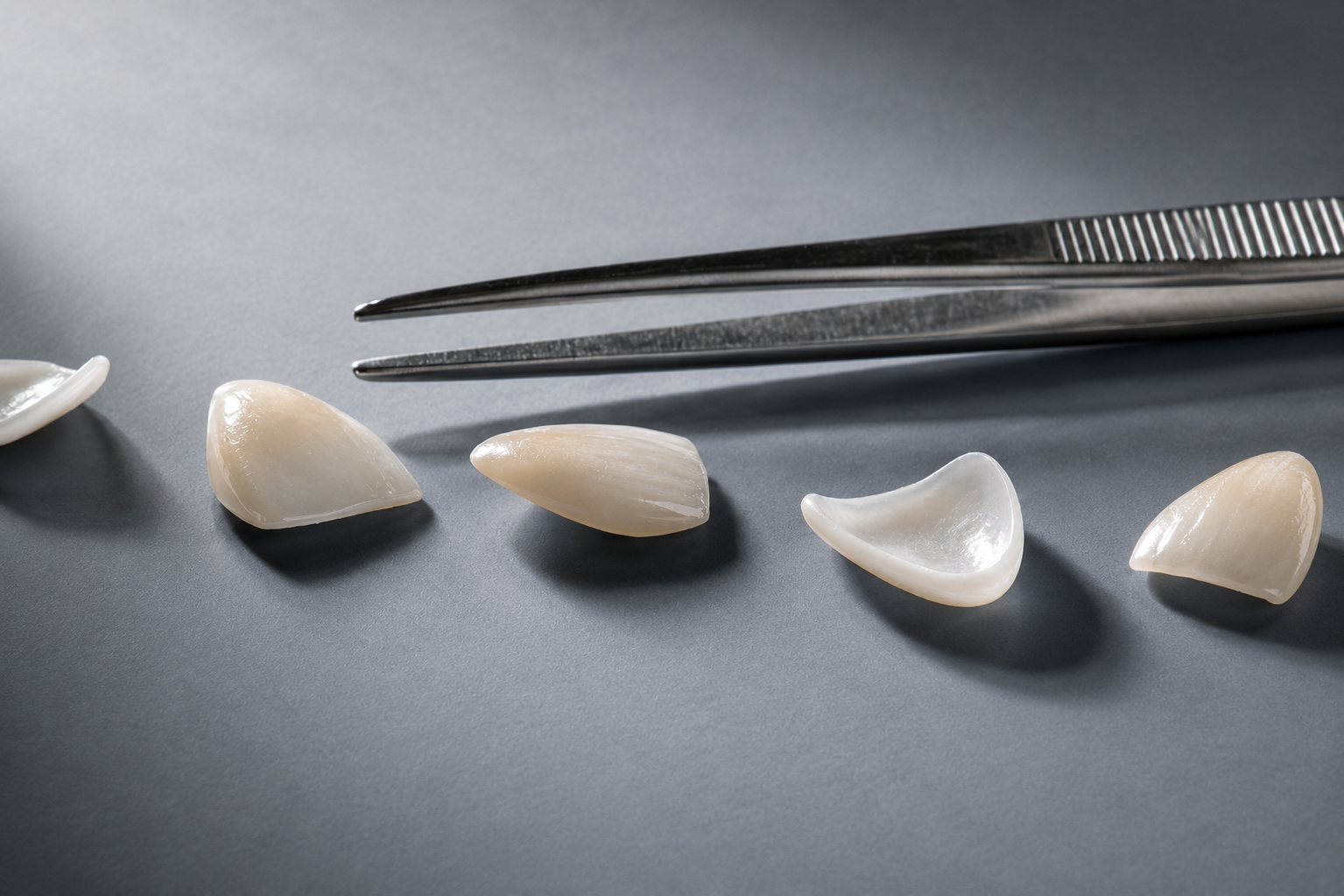 Licówki porcelanowe i pinceta dentystyczna — cienkie łupinki ceramiczne w zbliżeniu